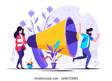 Public Relations and Affairs, Communication, Pr Agency Marketing Team Work with Huge Megaphone, Alert Advertising, Propaganda, Speech Bubbles, Social Media Promotion. Cartoon Flat Vector Illustration