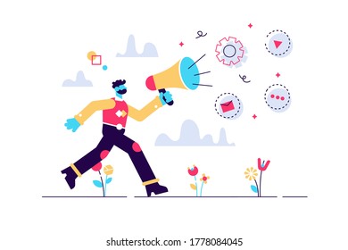 Public relations and affairs, communication, pr agency and jobs concept. Vector isolated concept illustration. Small heads and huge legs people. Hero image for website.