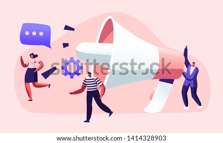 Public Relations and Affairs, Communication, Pr Agency Marketing Team Work with Huge Megaphone, Alert Advertising, Propaganda, Speech Bubbles, Social Media Promotion. Cartoon Flat Vector Illustration