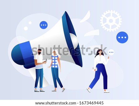 Public Relations and Affairs, Communication, Pr Agency Marketing Team Work with Huge Megaphone, Alert Advertising, Propaganda, Speech Bubbles, Social Media Promotion. Cartoon Flat Vector Illustration