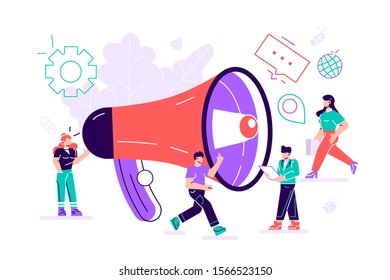 Public relations and affairs, marketing team work with huge megaphone, alert advertising, propaganda, speech bubbles, social media promotion. Cartoon flat vector Illustration