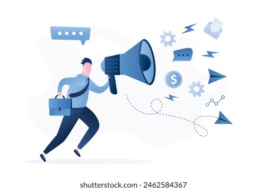 Public relations and affairs. Pr manager communicate. PR agency. Public speaker uses megaphone. Online announcement. Businessman holds loudspeaker and running. Male character in trendy style. Vector