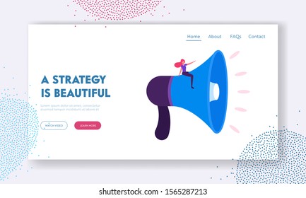 Public Relations and Affairs Website Landing Page. Woman Sitting on Huge Megaphone. Alert Advertising, Propaganda Speech, Social Media Promotion Web Page Banner. Cartoon Flat Vector Illustration