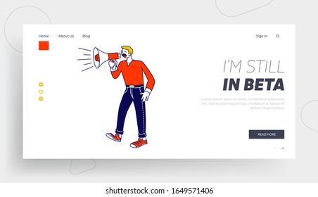 Public Relations, Affairs Website Landing Page. Man Shout to Megaphone or Loudspeaker. Alert Advertising Campaign, Pr Social Media Promotion Web Page Banner. Cartoon Flat Vector Illustration, Line Art