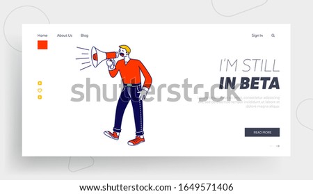Public Relations, Affairs Website Landing Page. Man Shout to Megaphone or Loudspeaker. Alert Advertising Campaign, Pr Social Media Promotion Web Page Banner. Cartoon Flat Vector Illustration, Line Art