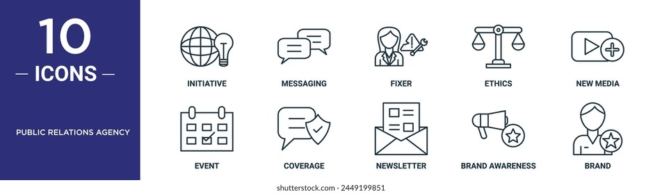 public relations agency outline icon set includes thin line initiative, messaging, fixer, ethics, new media, event, coverage icons for report, presentation, diagram, web design