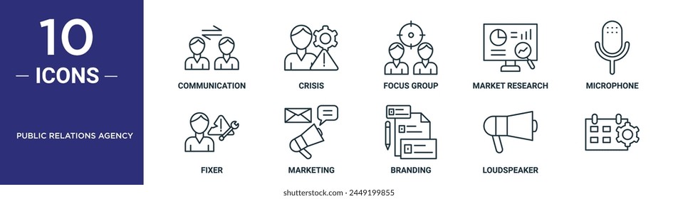 public relations agency outline icon set includes thin line communication, crisis, focus group, market research, microphone, fixer, marketing icons for report, presentation, diagram, web design