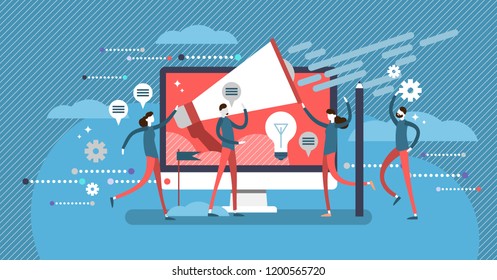 Public relations and announcement message concept flat vector illustration poster with team working on company communication online. Megaphone and computer screen in abstract, conceptual environment