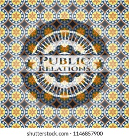Public Relations arabic style badge. Arabesque decoration.