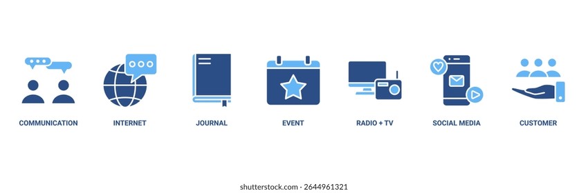 Relações públicas banner web ícone vetor ilustração conceito com ícone de comunicação, internet, jornal, eventos, rádio, tv, mídia social e cliente