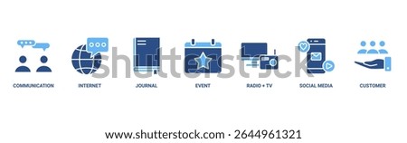 Public relations banner web icon vector illustration concept with icon of communication, internet, journal, events, radio, tv, social media, and customer