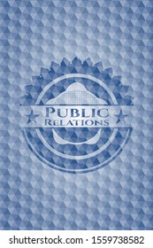 Public Relations blue badge with geometric pattern background. Vector Illustration. Detailed.