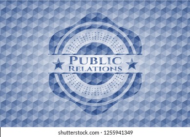 Public Relations blue emblem with geometric pattern.