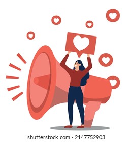 Public Relations, Brand Awareness and Affairs. Communication Pr Agency Marketing Promoter with Huge Megaphone. Alert Advertising, Propaganda Speech, Social Media Promotion. Cartoon Vector Illustration