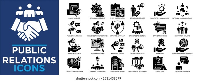 public relations, business, strategy, management, communication, corporate icon set. Outline icons collection. Simple vector illustration	