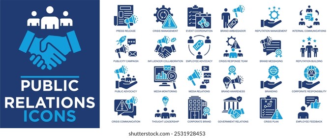 relações públicas, negócios, estratégia, gerenciamento, comunicação, conjunto de ícones corporativos. Coleção de ícones de tópicos. Ilustração de vetor simples	