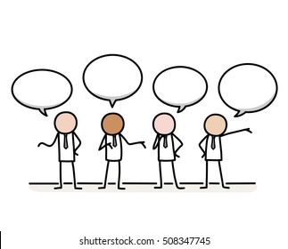 Public Relations Communication Concept. A hand drawn vector cartoon illustration of a group of businessman stick figures communicating together.