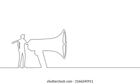 Abteilung Öffentlichkeitsarbeit und Kommunikationsförderung. Geschäftsmann spricht durch ein Megaphon. Geschäftsfeld Endloszeichnung