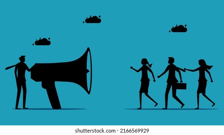 Public Relations and Communication Promotion Department. Businessman talking through a megaphone. business concept vector silhouette