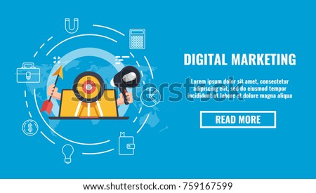 Public relations concept banner, promotion marketing on internet, target laptop computer arrow speaker flat 3d illustration on blue background