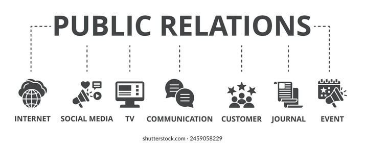 Public Relations Concept Icon Illustration enthält Internet, Social Media, TV, Kommunikation, Kunde, Journal und Event.