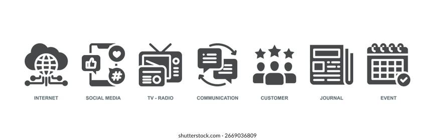 Public Relations Konzept Icon Illustration enthalten Internet, Social Media, TV, Kommunikation, Kunde, Journal und Event.