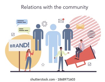 Public relations concept. Idea of brand advertising, building relationships with customer. Maintenance of the brand reputation. Flat vector illustration