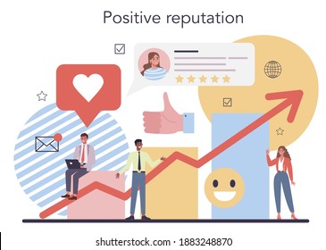 Public relations concept. Idea of brand advertising, building relationships with customer. Maintenance of the brand reputation. Flat vector illustration