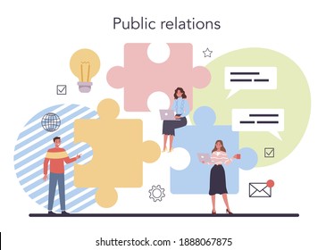 Public relations concept. Idea of brand advertising, building relationships with customer. Maintenance of the brand reputation. Flat vector illustration
