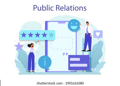 Public relations concept. Idea of brand advertising, building relationships with customer. Maintenance of the brand reputation. Flat vector illustration