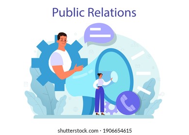 Public relations concept. Idea of brand advertising, building relationships with customer. Maintenance of the brand reputation. Flat vector illustration
