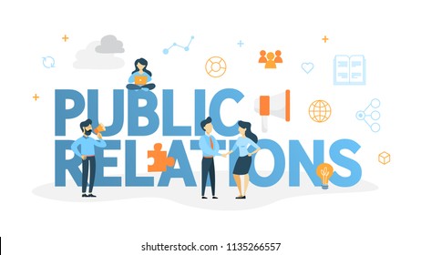 Public relations concept. Idea of making announcements through mass media to advertise your business. Management and marketing strategy. Flat vector illustration