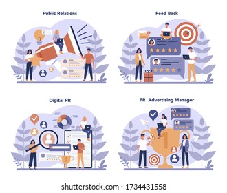 Public relations concept set. Idea of making announcements through mass media to advertise your business. Management and marketing strategy. Flat vector illustration