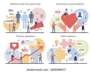 Public relations concept set. Idea of brand advertising, building relationships with customer. Maintenance of the brand reputation. Flat vector illustration