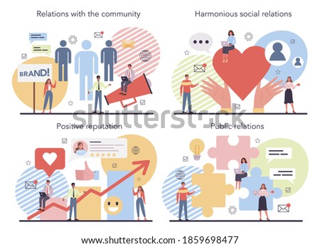 Public relations concept set. Idea of brand advertising, building relationships with customer. Maintenance of the brand reputation. Flat vector illustration