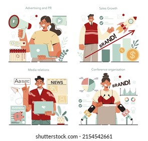 Conjunto de conceptos de relaciones públicas. Especialista en el desarrollo de publicidad comercial de marca, la construcción de relaciones con el cliente. Apoyo de los medios masivos al negocio. Ilustración vectorial plana