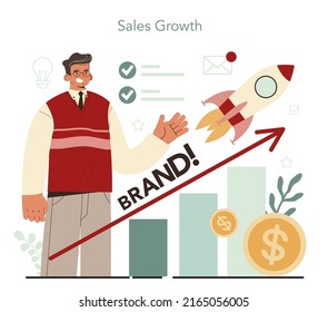 Public relations concept. Specialist developing commercial brand advertising, building relationships with customer. Mass media support of the business. Flat vector illustration