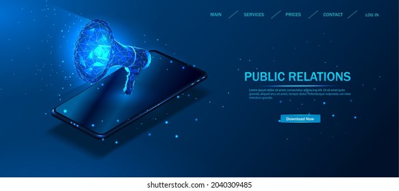Public relations. the concept of the vector of display advertising. Speaker, advertising and promotion of mobile applications, digital PR management. Vector illustration - Shutterstock ID 2040309485