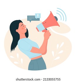 Public relations female manager using loudspeaker. Communication officer and promoting campaign flat vector illustration