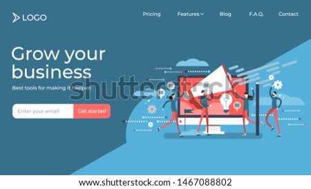 Public relations flat tiny persons vector illustration landing page template design. Team working on company communication online. Megaphone and computer screen in abstract, conceptual graphic scene.