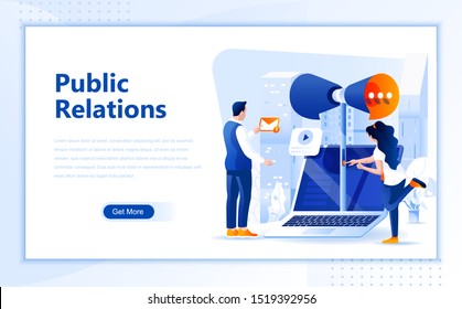 Public relations flat web page design template of homepage or header images decorated people for website and mobile website development. Flat landing page template. Vector illustration.