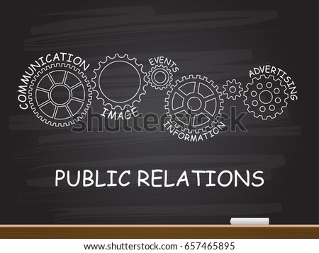 Public Relations with gear concept on chalkboard. Vector illustration.