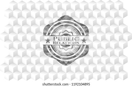 Public Relations grey emblem. Retro with geometric cube white background