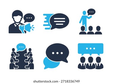 Symbolsatz für Öffentlichkeitsarbeit und Gruppendiskussion. Symbole für durchgezogene Symbolreihen