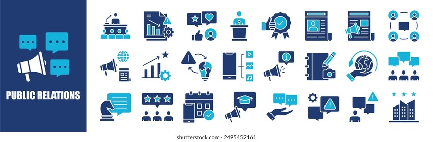 Public Relations-Icon Kollektion Set. Enthalten Design, Business, Marketing, Management, Kommunikation, Werbung und mehr. Kollektion von Vollvektorsymbolen