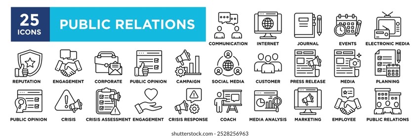 Conjunto de coleções de ícones de Relações Públicas. Contendo negócios de design, relações públicas, gerenciamento, corporativos