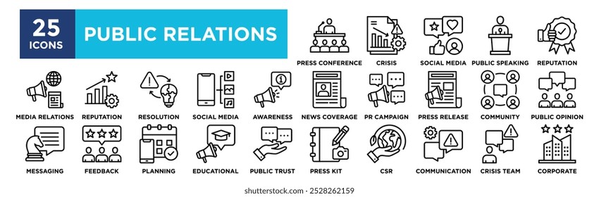Conjunto de coleções de ícones de Relações Públicas. Contendo negócios de design, relações públicas, gerenciamento, corporativos