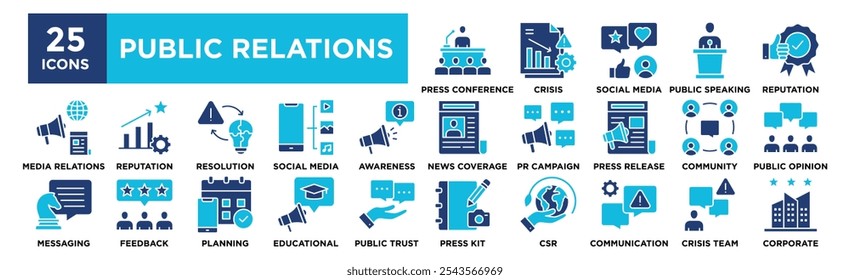 Conjunto de coleções de ícones de Relações Públicas. Contendo negócios de design, relações públicas, gerenciamento, corporativos	