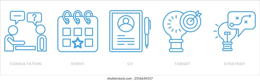 Public relations icon collection set. Containing design consultation,event,cv,target,strategy