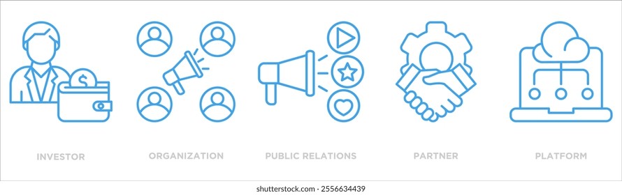 Public relations icon collection set. Containing design investor,organization,public relations,partner,platform